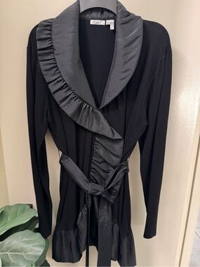 ravel Black Satin-Trim Ruffle Collar and Hem Tie-Waist Sweater Evening Dressy XL